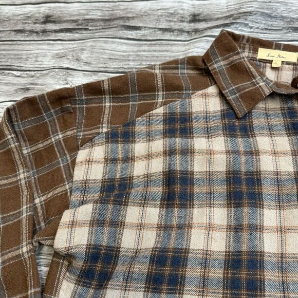 Love Notes Women's Cropped Mixed Patchwork Flannel Shirt L LG Large Brown Grey - Picture 6 of 13